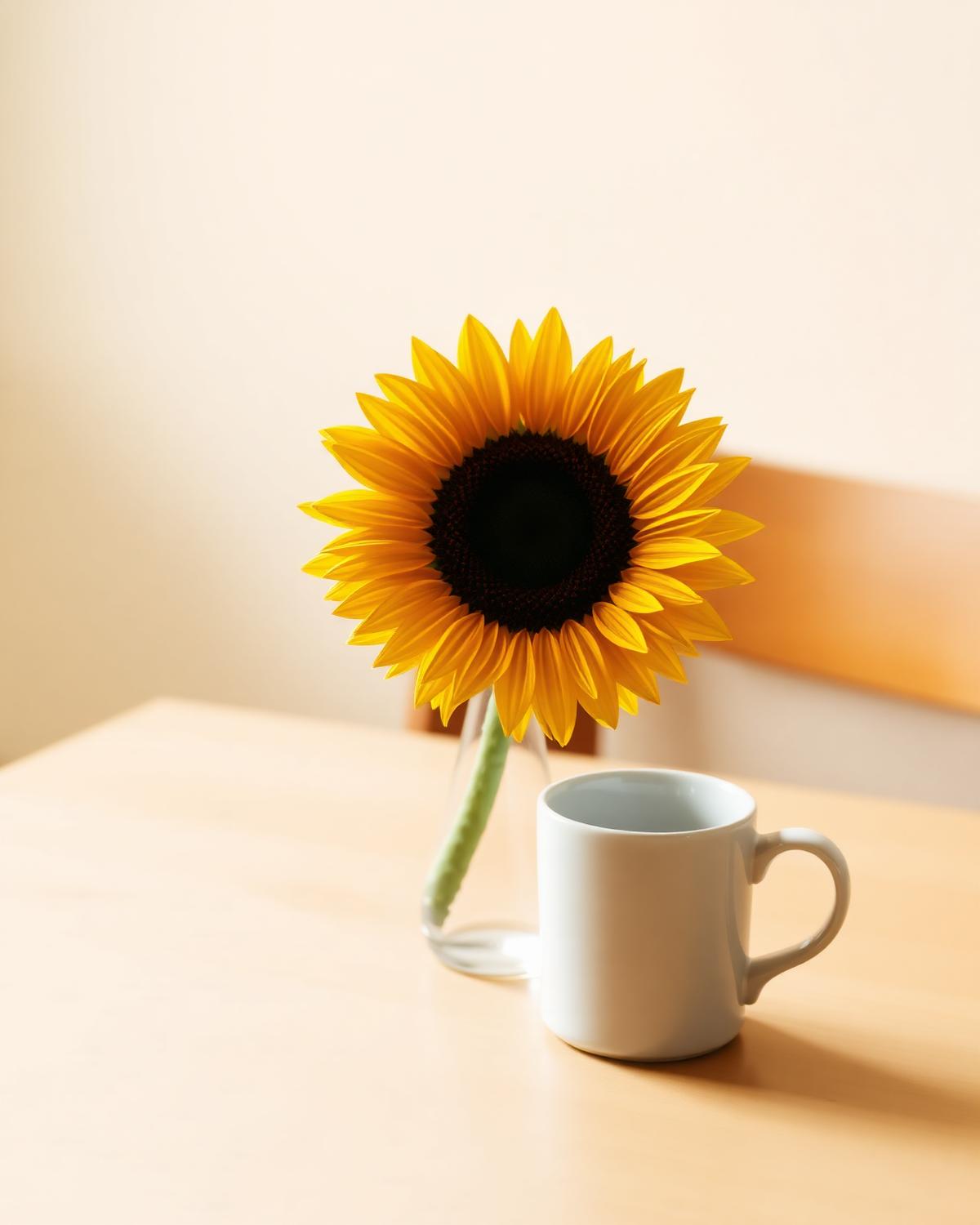 A sunflower in a glass vase beside a coffee mug